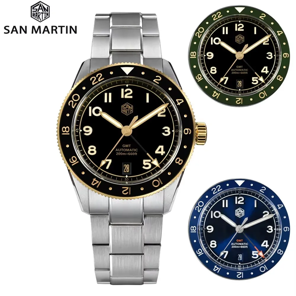 San martin-自動機械式スポーツウォッチ,トレンディなサファイア発光腕時計,sn0140w,38mm,nh34 gmt,20バー,ダイビング