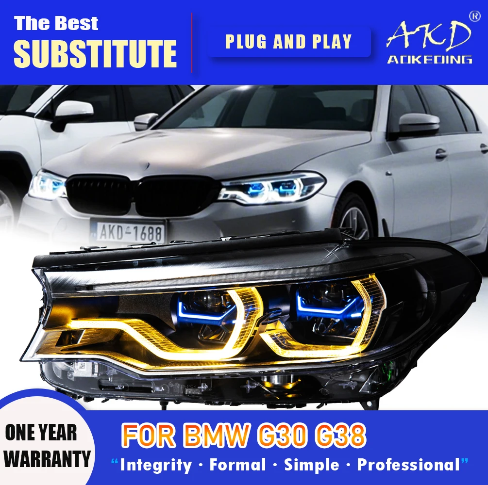 

AKD Head Lamp for BMW G30 G38 LED Headlight 2018-2021 Headlights 525i 530i DRL Turn Signal High Beam Angel Eye Projector Lens