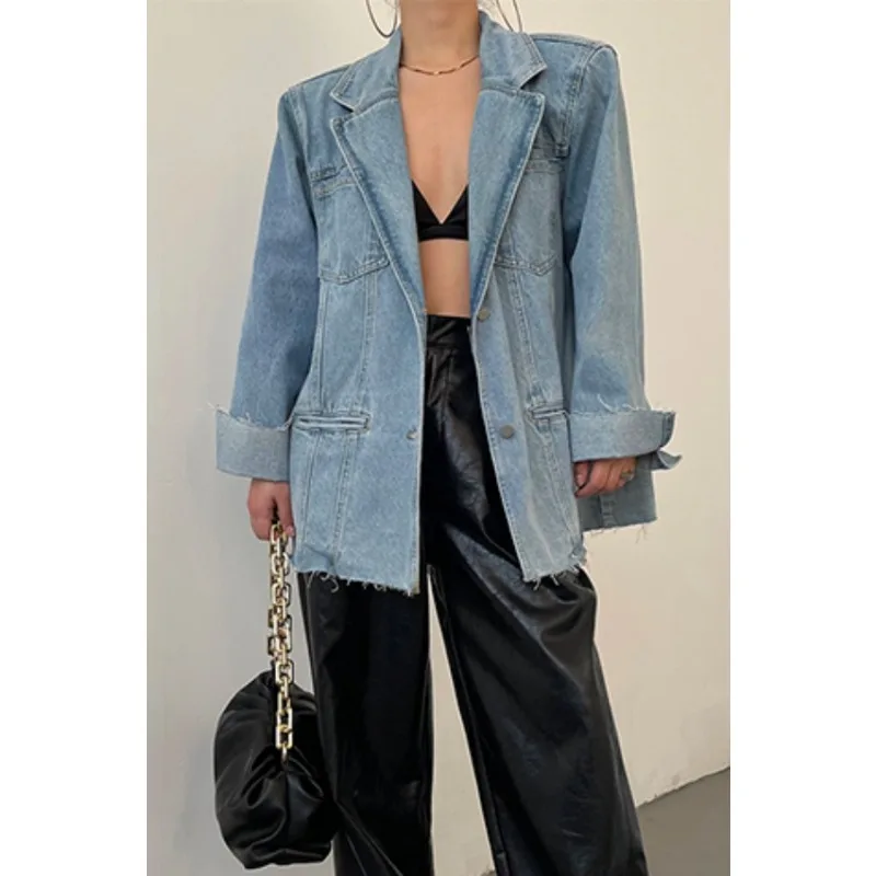 

2025 Spring and Autumn New Blazer Blazer with Raw Edges Women's Retro Multi-Pocket Midi Jacket