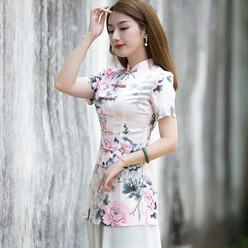 Cheongsam Womens Long Tang Costume Tops 2024 Summer Cotton Blend Prints Short Sleeve Tradition Chinese Style Retro Qipao Shirts