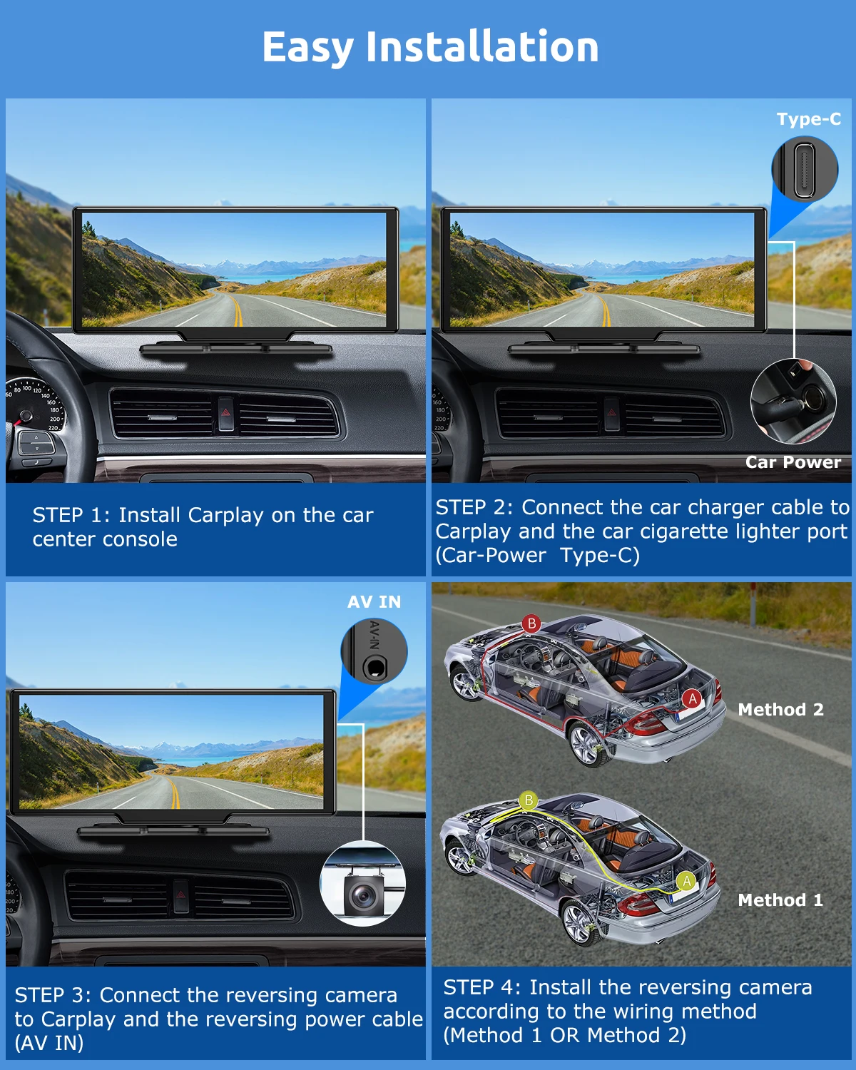 Przenośne Radio Samochodowe ESSGOO 10.26" 4K 64 GB TF Ekran Dotykowy CarPlay Bluetooth Android Auto Karta Podwójny Obiektyw Kamera Samochodowa Kamera Cofania WiFi AUX FM Obsługa z Kierownicy Mirror Link — zdjęcie produktu 2