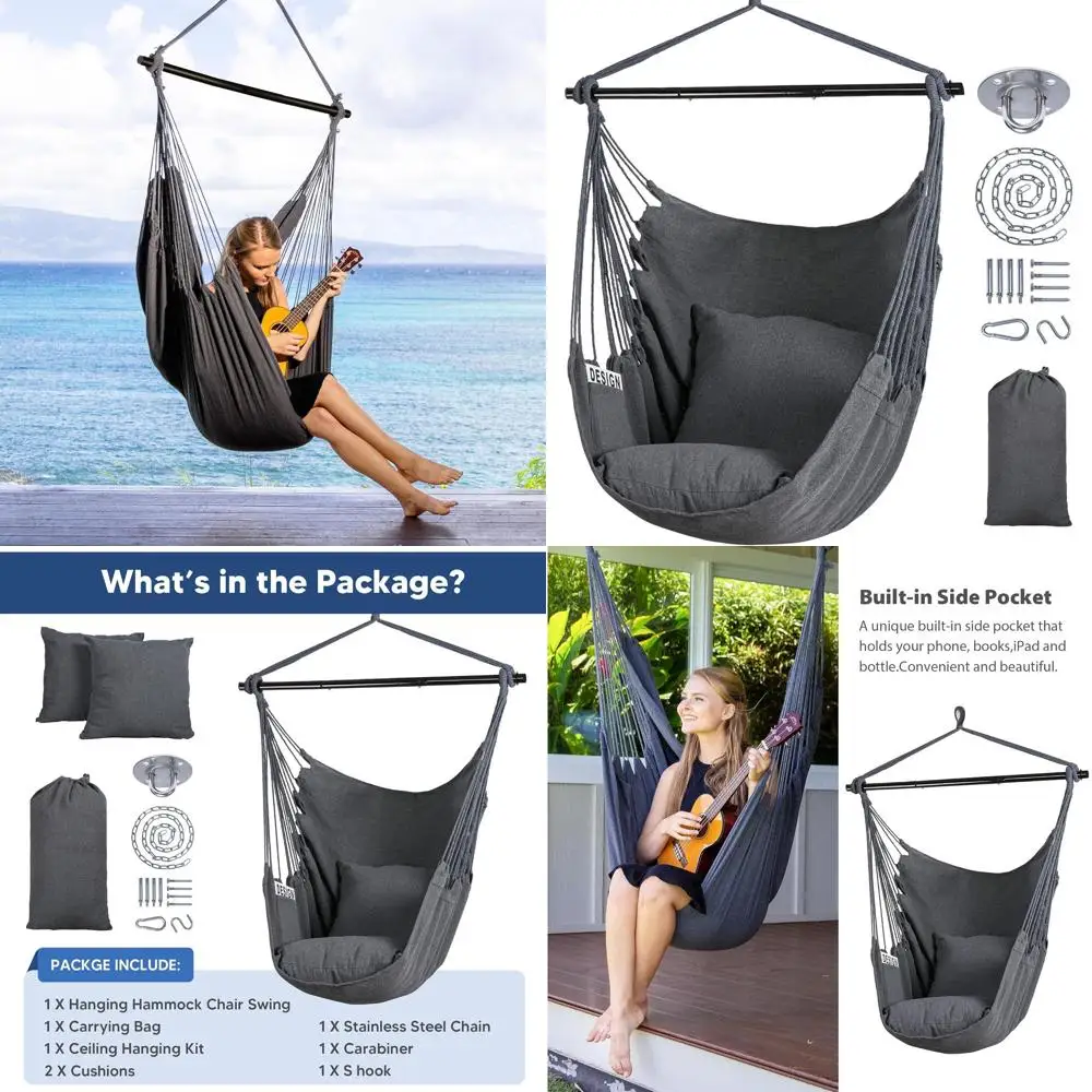 

Hammock Chair Swing with Steel Support Bar, Side ket, Large Hanging Chair Outdoor, Max 450lbs acity, k Gray