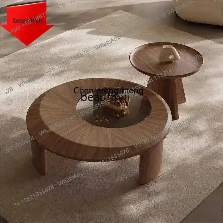 

E153 Middle Ancient Style round Tempered Glass Walnut Coffee Table Combination Living Room Designer Creative