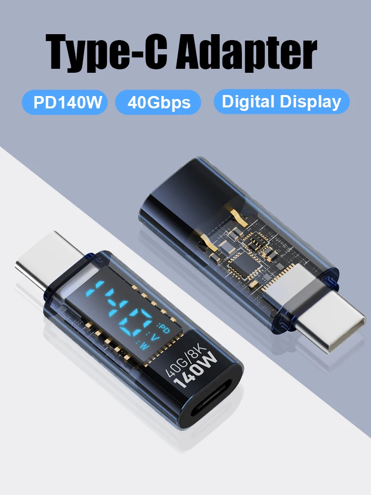 Adapter USB C 140W z wyświetlaczem LED 40Gbps Adapter przedłużający USB C Typ C Miernik mocy Tester przedłużacza USB C USB4 Thunderbolt — zdjęcie 2