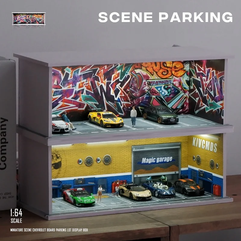 1/64 Lighted Parking Garage Diorama, PVC Snap-together Micro Model Kit , Simulation Scene Decoration  (Cars & Figures EXCLUDED)