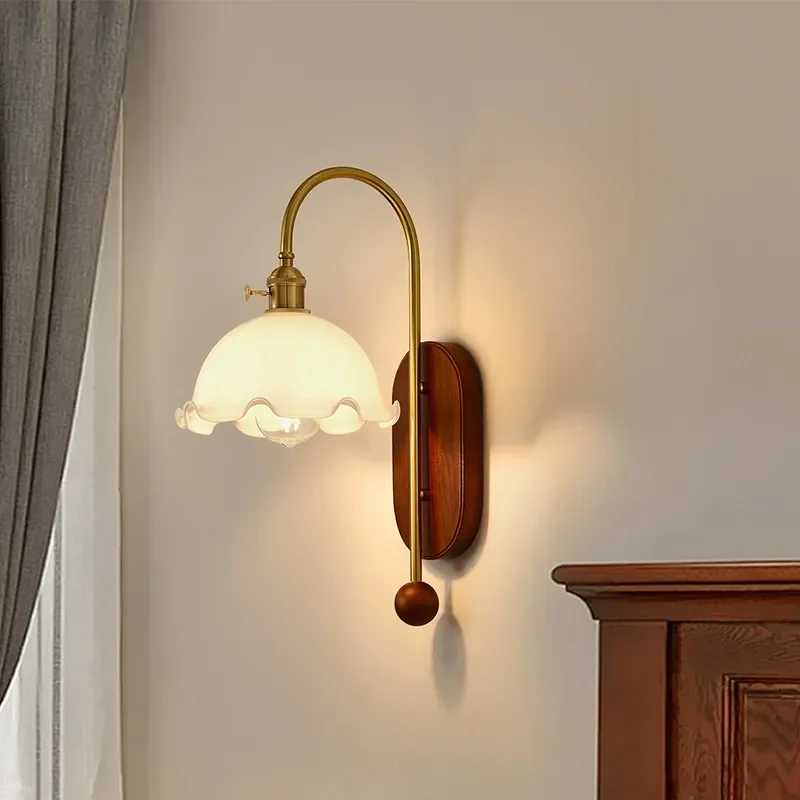 Retro Walnut Wall Lamp Medieval Wabi Sabi Style Bedroom Bedside Light Living Room Sofa Background Fixture Homestay Corridor
