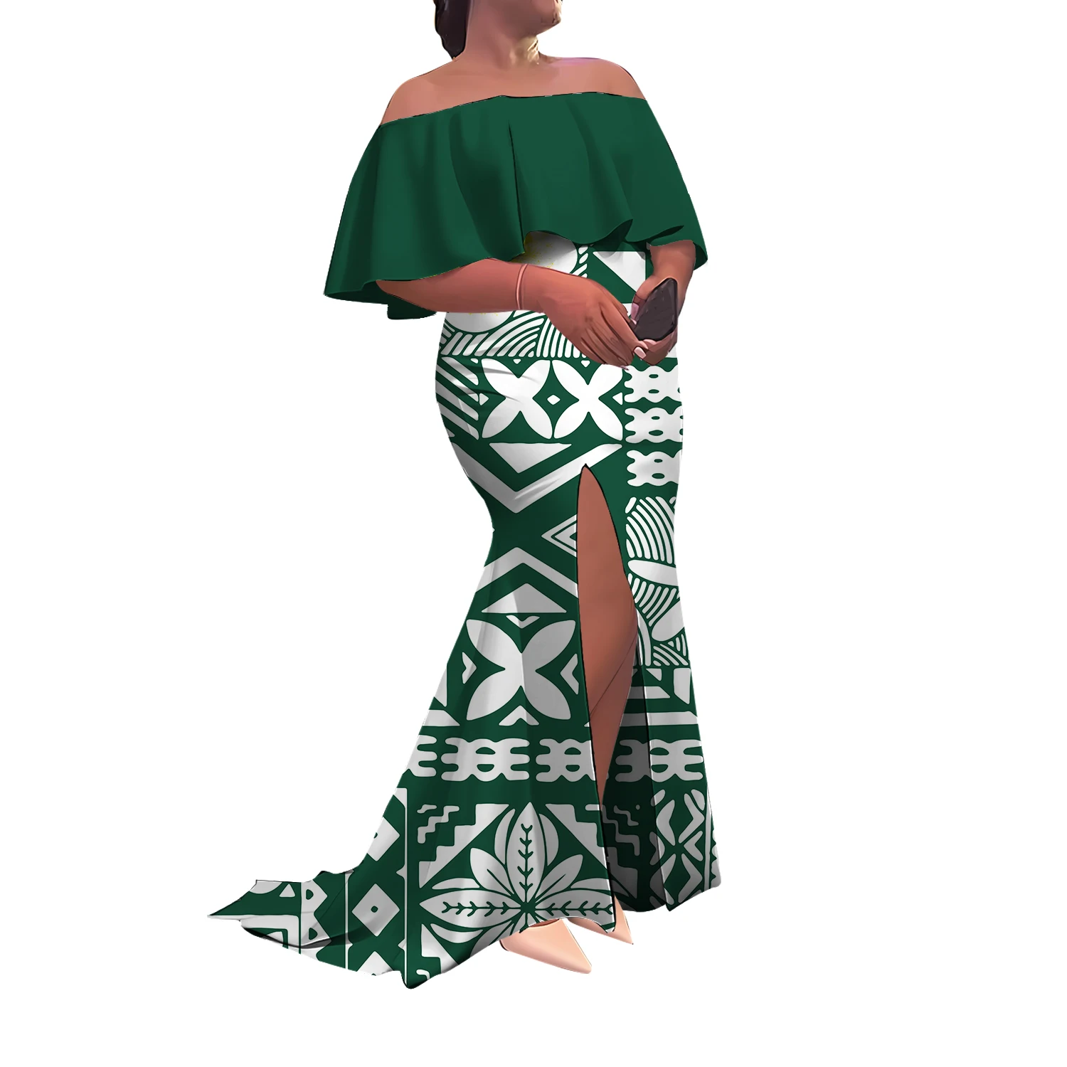 High-Quality Semi-Printed One-Shoulder Slit Long Floor-Length Polynesian Women'S Dress Custom-Made Fitted Fishtail Dress