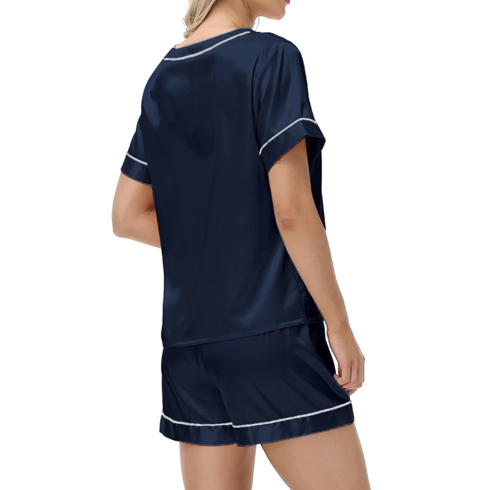 Damski seksowny komplet piżamy z krótkim rękawem i szortami z jedwabiu lodowego z dekoltem w serek, modny, wygodny, stylowy, do noszenia na co dzień w domu, odzież wypoczynkowa dla kobiet.