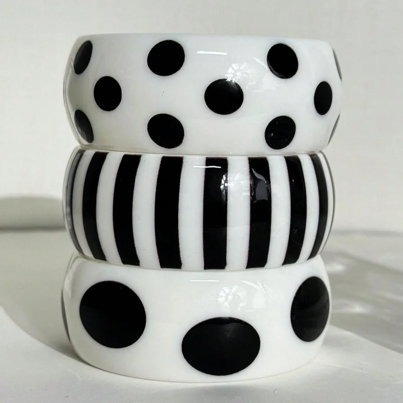 3Pcs Black White Polka Dot Striped Resin Bracelet Vintage with Color Blocked Geometric for Women Suitable Everyday All Year