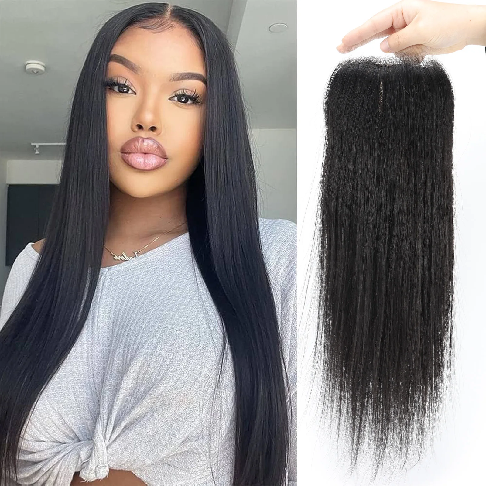 

5x5inch Real Human Hair Toppers Ready To Wear Straight #1b Black Glueless Preplucked Wear And Go Lace Front Natural Hairline