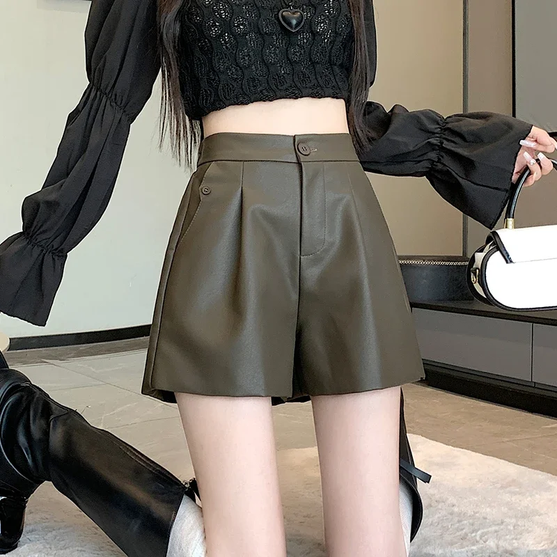 Wide Leg PU Leather Shorts Women Autumn Winter Loose All Match Casual Shorts Korean Fashion Elastic High Waist Shorts Mujer 2024