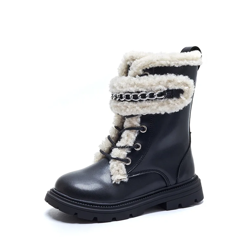 Winter Children High-top Boots Girls Fashion Metal Chain Design Leather Boots Little Princess Winter Warm Cotton Shoes