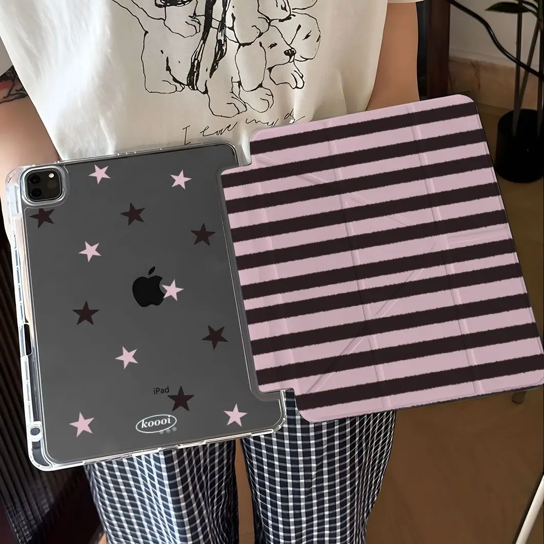 Pink Brown Striped Star iPad Case For iPad Pro 11 13in 2025 iPad Pro 12.9in Air7 10th 11th M4/5 MINI 3+y Fold Anti-fall Cover