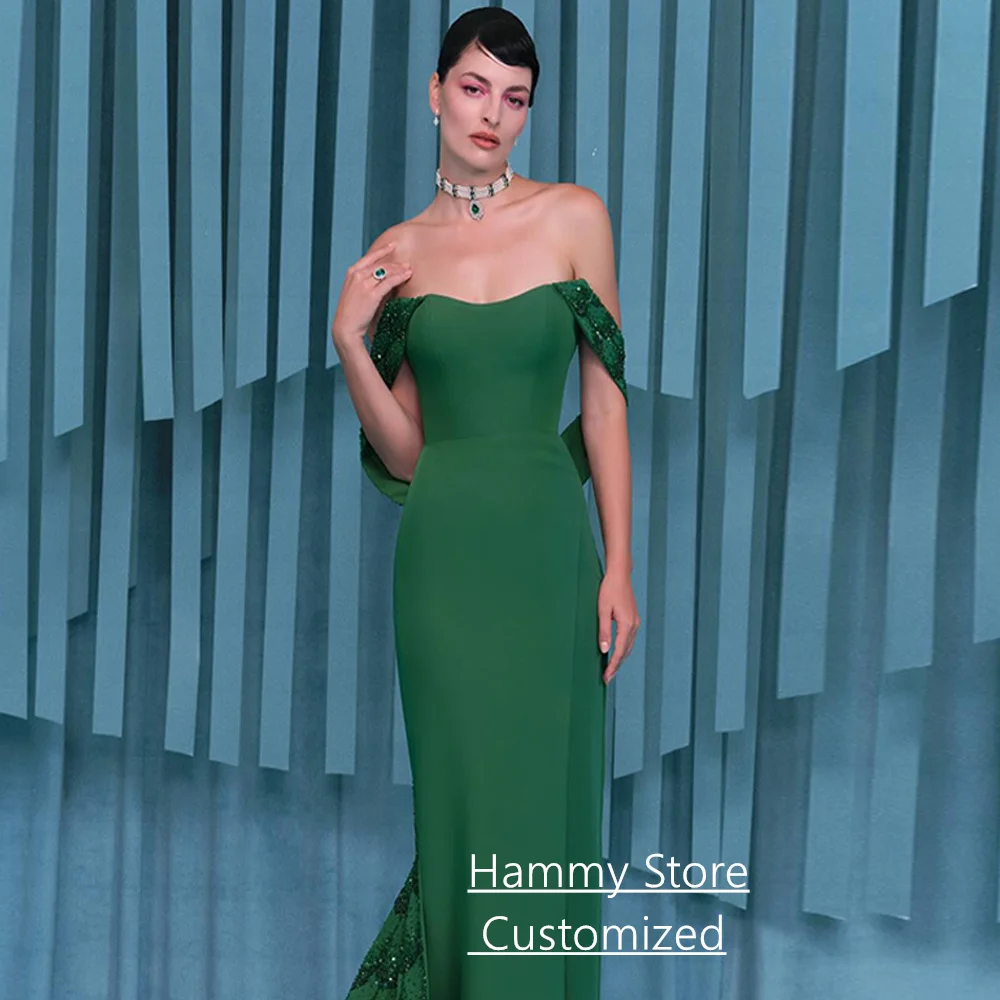 Hot Green Evening Dress Customized Off The Shoulder Sparkling Sequined Saudi Arabian Party Gown Pageant Prom Dresses