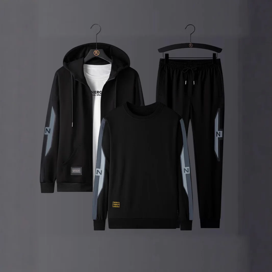 Big Size Men's Sports Suit Three Piece Hoodie Long Pants Long Sleeves Autumn and Winter Loose Fashion Casual Sportswear 2025