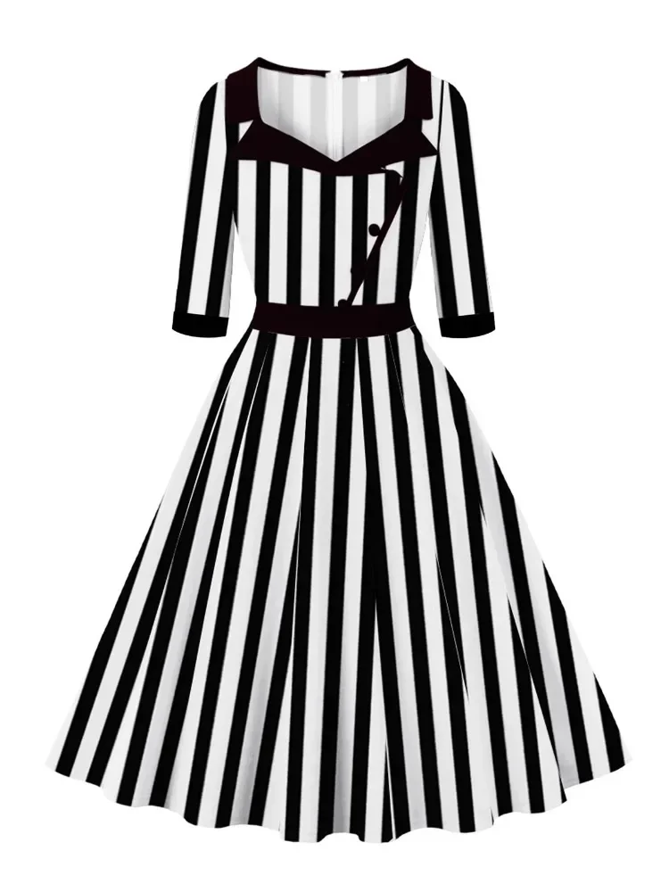 2025 New Vintage Striped Print Long Dresses Women's Sweetheart Neck Buttons 3/4 Length Sleeve Autumn Elegant A-Line Flare Dress