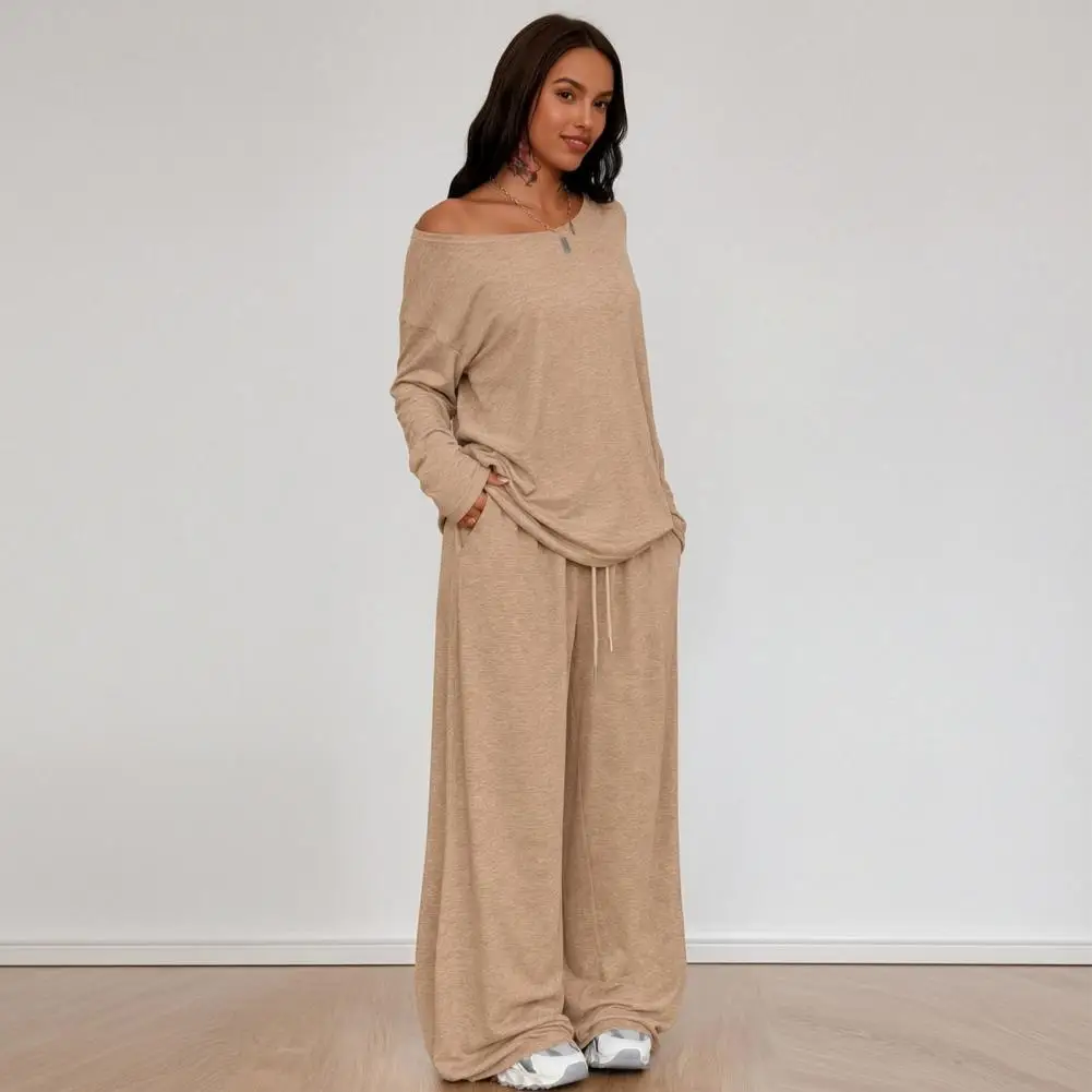 Women Matching Sets Women’s Off Shoulder Sweatshirt Set Long Sleeve Top Wide Leg Trousers Solid Color Lounge Outfit for Spring