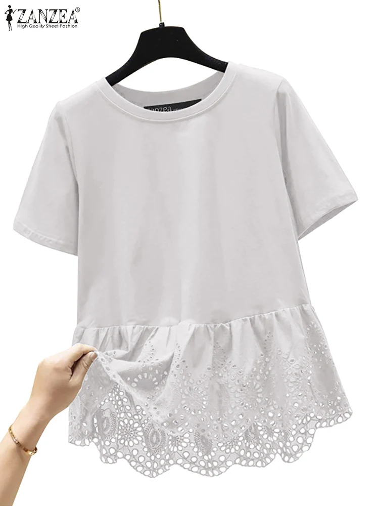 ZANZEA Summer Lace Patchwork Blouse Women O Neck Short Sleeve Tops Tunic Femme Elegant Work Party Shirt Casual Loose Blusas 2024