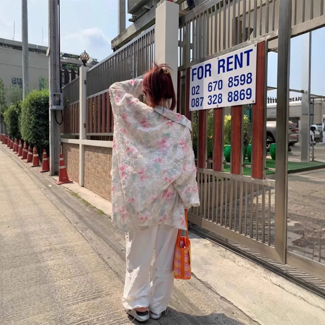 Women's Shirt Floral Print Mid-length Sunscreen Slim 2025 New Floral Design Long Sleeve Fit Button Up Top Summer