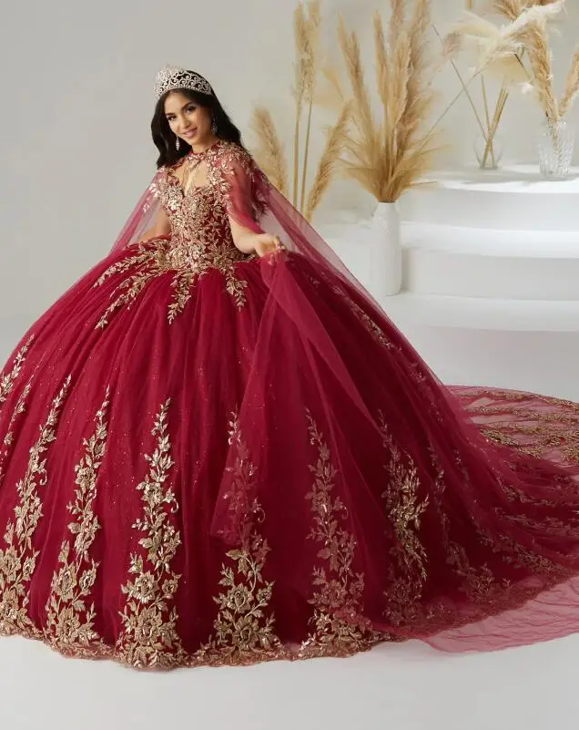 Vestidos de quinceañera con escote Corazón Dorado burdeos, capa larga, aplique Floral, Espalda descubierta, baile de graduación, trajes de depuración, 15 años