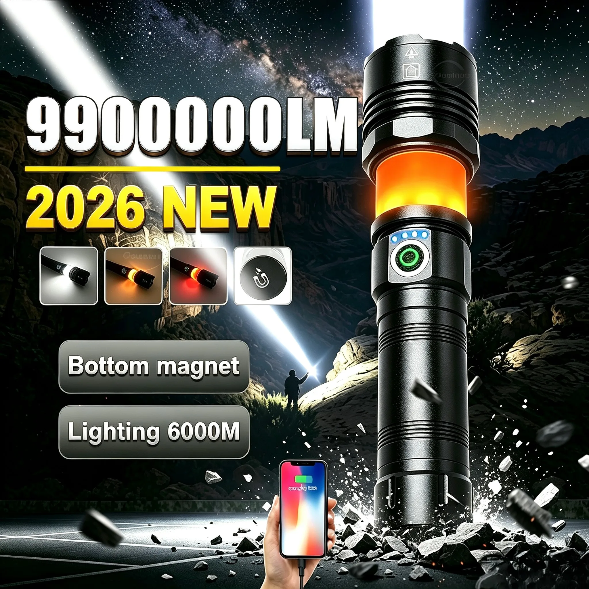 2026 New Super Bright LED Flashlight Long Range 6000M Bottom Magnet Rechargeable Tactical Torch For Camping Hunting Emergency