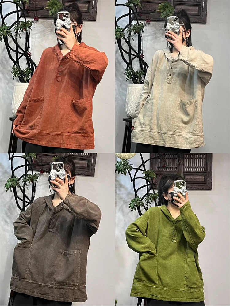 Amax LuluE Korean Spring Womens Hooded T-shirts Fashion Loose Casual Tops Ladies Classic Big Size Vintage Cotton Linen Clothes
