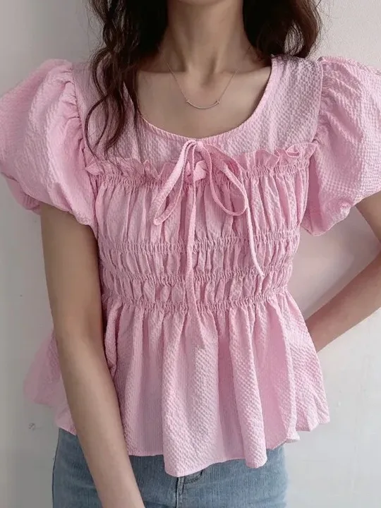 

Korean Sle Bubble Sve ort Crop Top Women's Chiffon irt Waist Cinched Design Summer Faionable Lace irt Commute