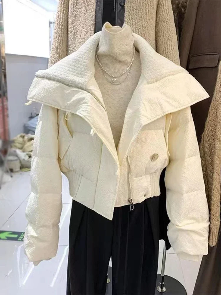 2023 Korean Chic Knit Collar Autumn Winter Coat Women Thickened Puffer Jacket Loose Parka Warm Cotton-padded Jacket Short Coats