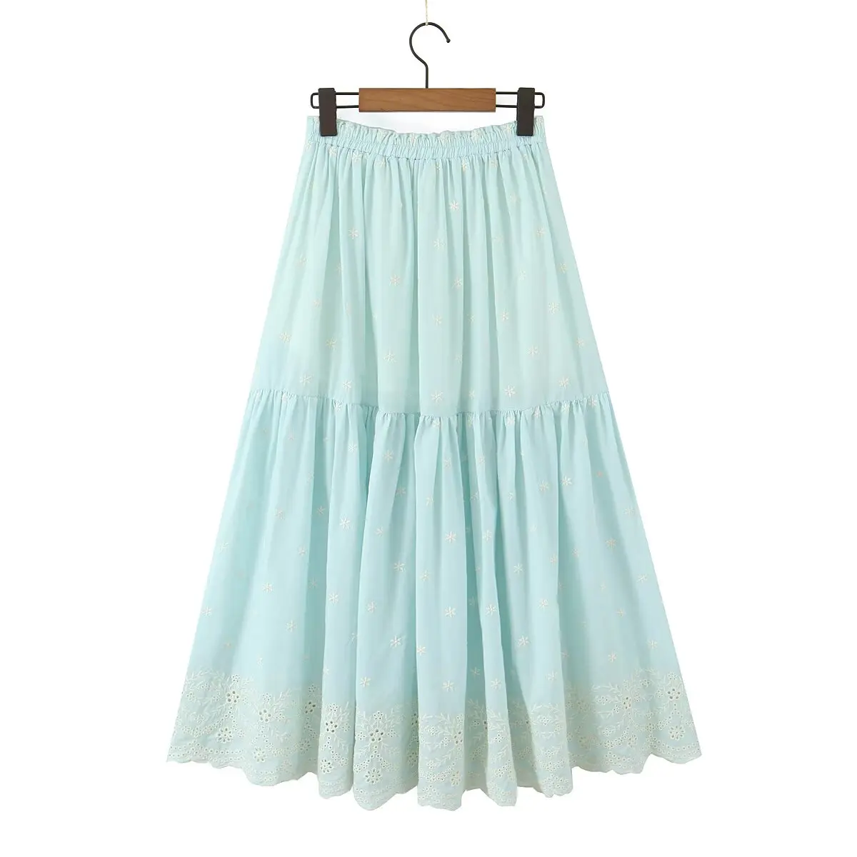 Dave&Di Minimalist Women's Clothing French Elegant Cotton Embroidered Long Skirt Light Blue High Waisted Skirts Womens Faldas