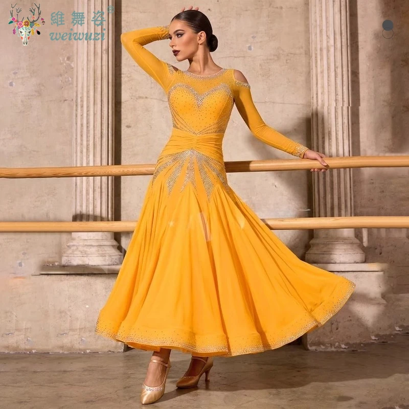 

Modern Dance Costume Rhinestone Female Adult Children High-End Custom Off Shoulder Mesh Large Skirt Rumba Performance Dress