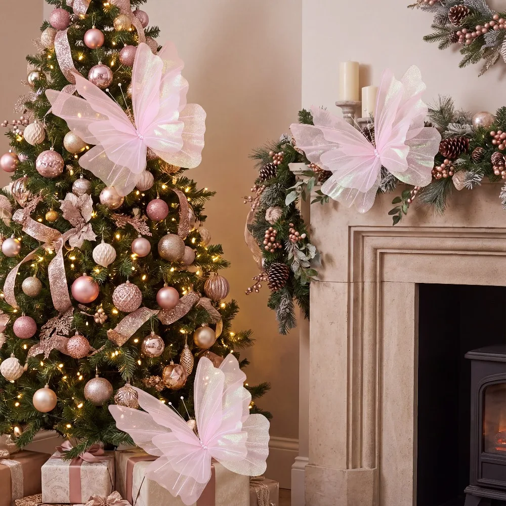 3 Stück große, hängende, rosa Schmetterlingsdekorationen für Weihnachten, Schmetterlinge aus seidenartigem Material mit Laserschimmer, Weihnachtsbaumdekoration – Detail 8