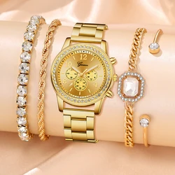 5PCS Gold Women's Luxury Alloy Watch Simulation Women's Quartz Watch Fashion Bracelet Watch Set Women's Perfect Gift