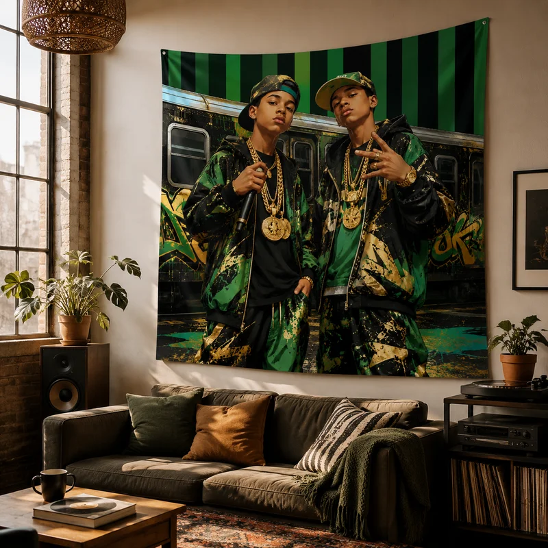 VIKAMA Hip-Hop Rapper Tapestry, American Retro Graffiti Wall Hanging, Double Rapper Print Tapestry, Home Decor