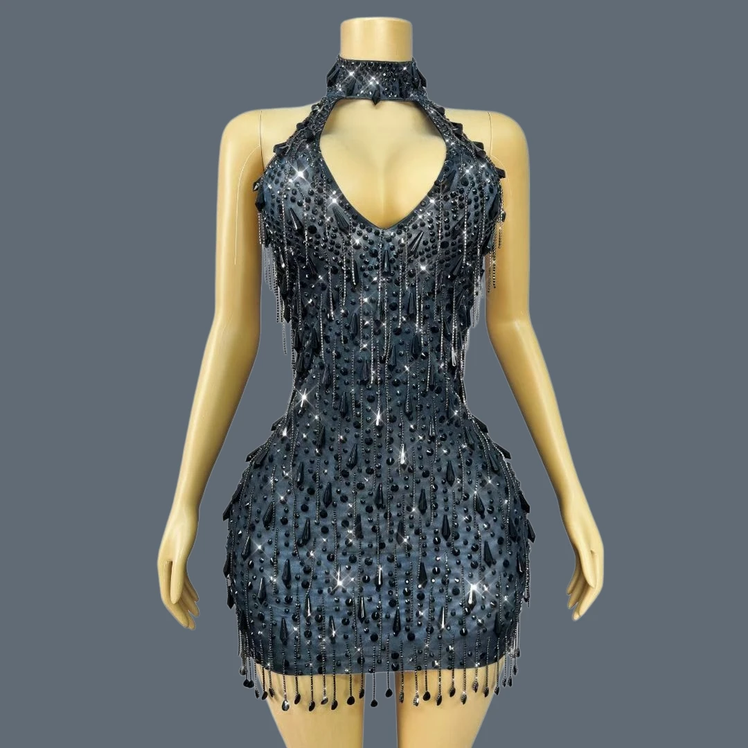 

Luxury Women Rhinestone Tassels Mini Dress Club Dance Sexy Birthday Party Stage Costume Sparkly Low-cut Bandage Dresses Hadisi