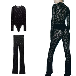 ZBZA Ladies Sexy Lace Suit Spring And Autumn Black New Transparent Split Leggings Stretch Long Sleeve Jumpsuit