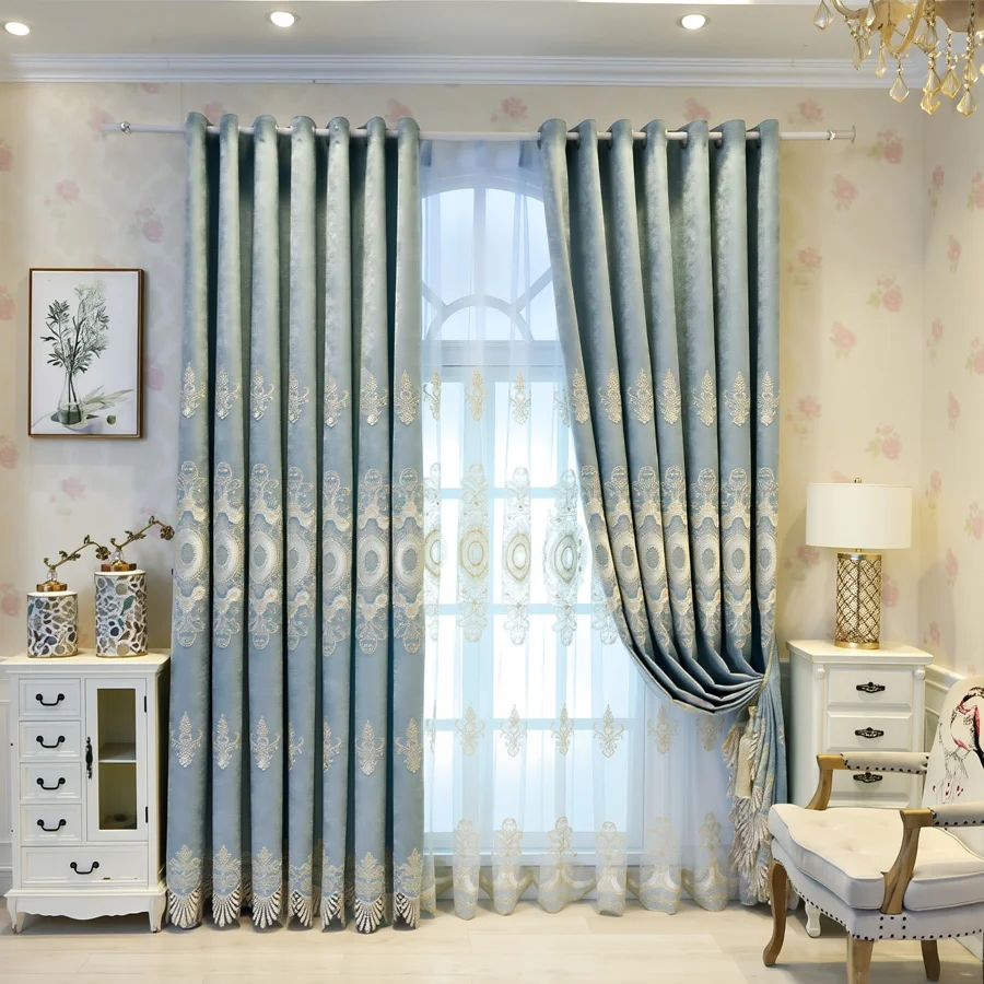2 stuks luxe frisse blauwe geborduurde gordijnen, Europese 3D-borduursels, met ringen voor slaapkamer & woonkamer, voile niet inbegrepen