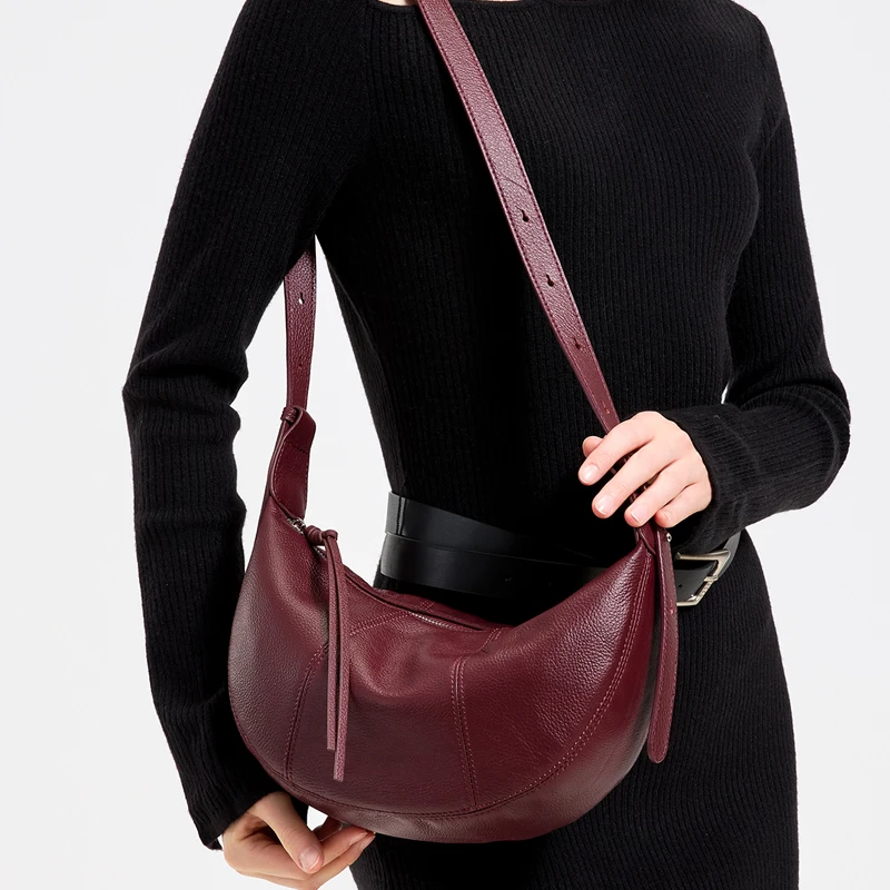 Women's Vintage Genuine Cowhide Leather Underarm Shoulder Crossbody Bag Female Luxury Designer Half-moon Shape Messenger Handbag