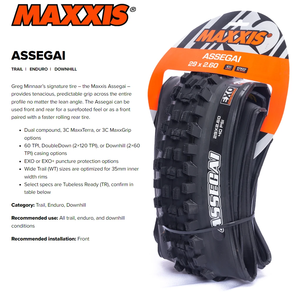 MAXXIS-neumático sin cámara para bicicleta de montaña, llantas de 29 pulgadas para DH DD Trail Enduro Race 29x 27.5x, ASSEGAI, 29, 27,5