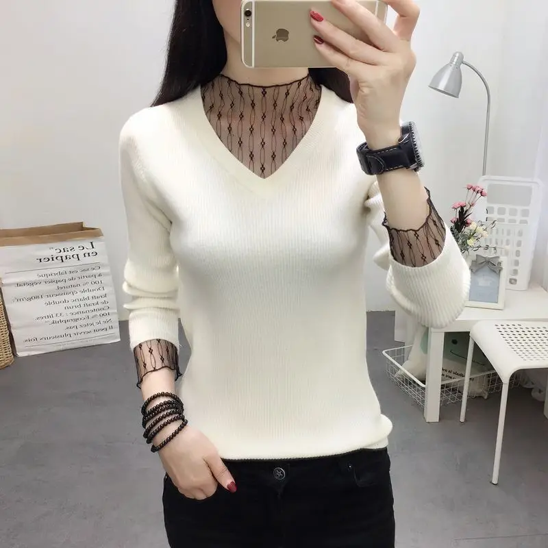 Women\'s Clothing V-neck Lace Mesh Gauze Sweaters Autumn Fashion Loose Long Sleeve Knit Pullovers Lady Elegant Chic Tops 40-80Kg