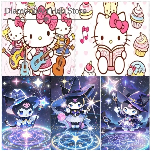 5D DIY Diamond Painting Cute Sanrio Cartoon Art, Hello Kitty Music Notes & Sweets, Kitty Reading With Cupcake, Witch Kuromi