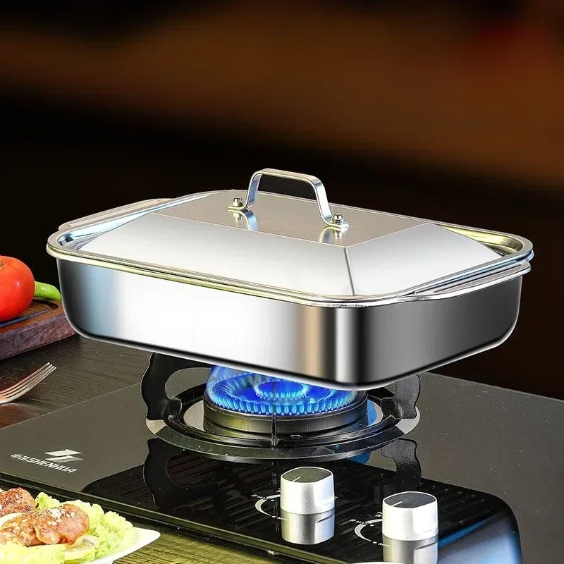 

304 Stainless Steel Grilled Fish and Crayfish Tray with Lid Rectangular Tray Induction Cooker Deep Dish BBQ Beef Food Plate