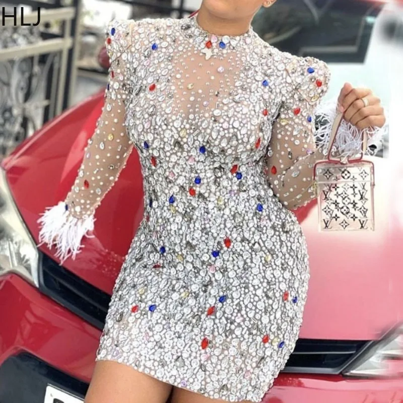 HLJ เซ็กซี่ตาข่าย Rhinestone คริสตัล Bodycon มินิเดรส WomanLong แขนยาวขนสัตว์ Patchwork ชุดหญิงวันเกิด Party Vestidos