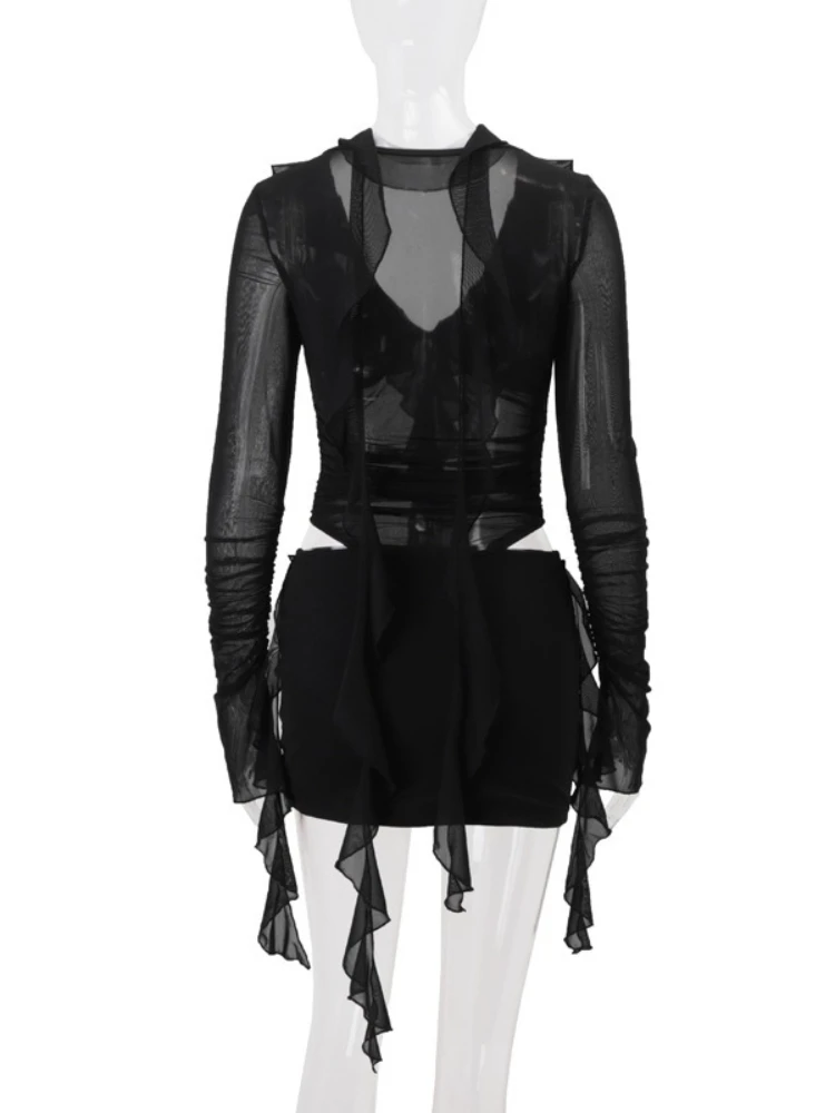 SsTss نساء موضة أسود فستان بكم طويل مثير كشكش تقليم انظر من خلال شبكة قطع الخصر أشرطة سليم فستان النادي الليلي الصغير