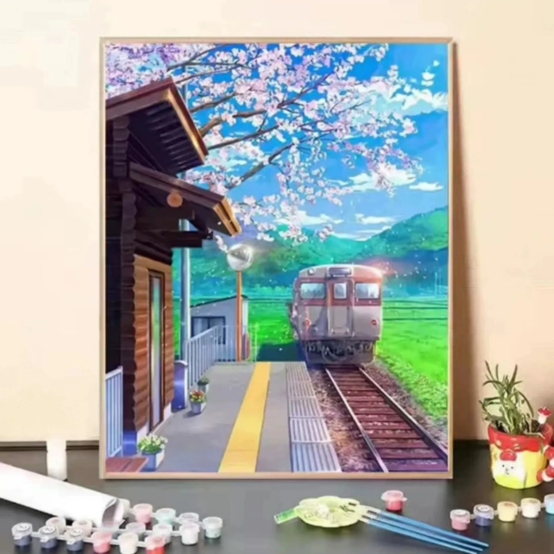 YJ004-Digital Oil Painting Of Sakura Rural Train Stop