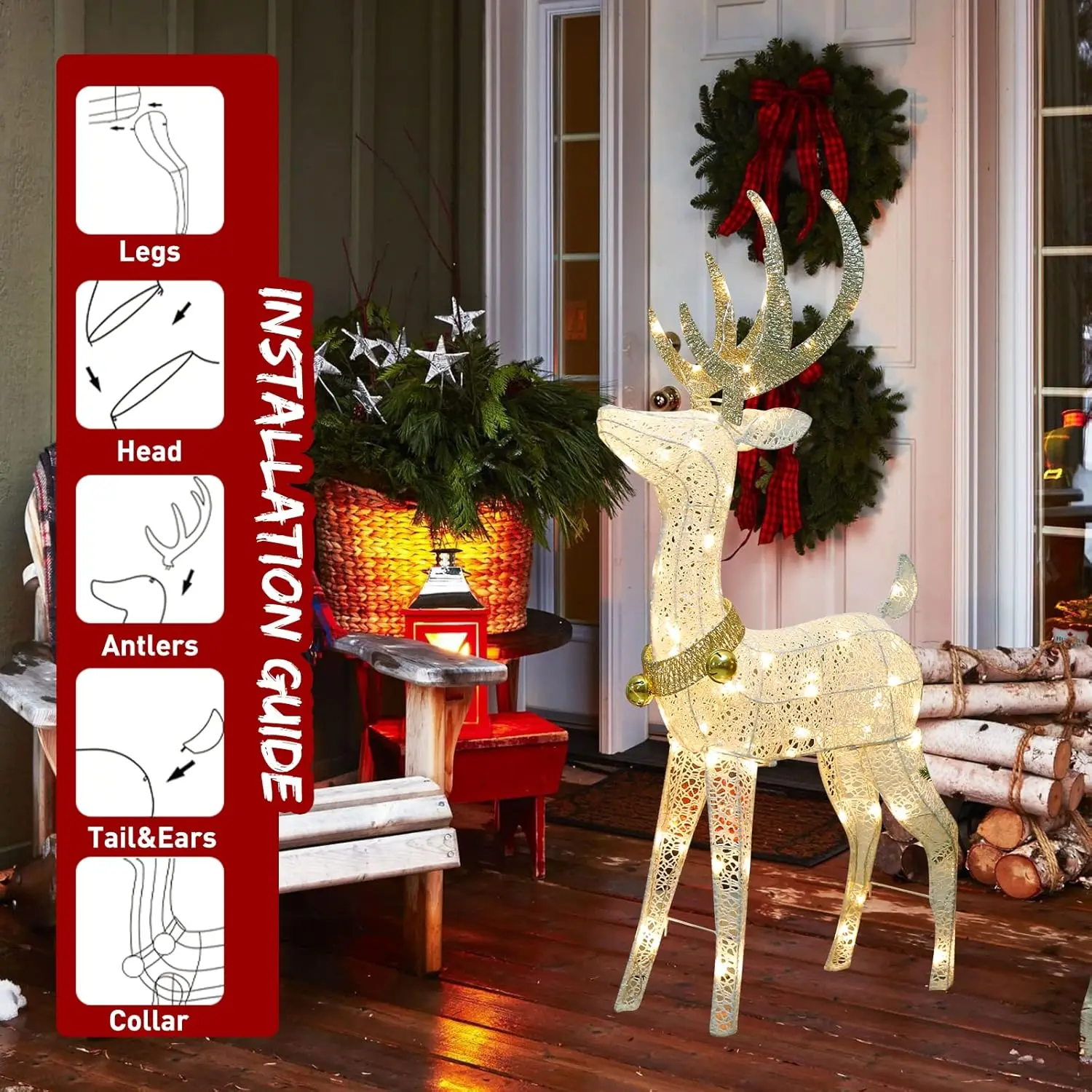 48” 70 LT Pre-Lit Christmas Glittering Reindeer with Gold Jingle Bell and Twinkle Light Outdoor Holiday Mesh Standing Buck Deer