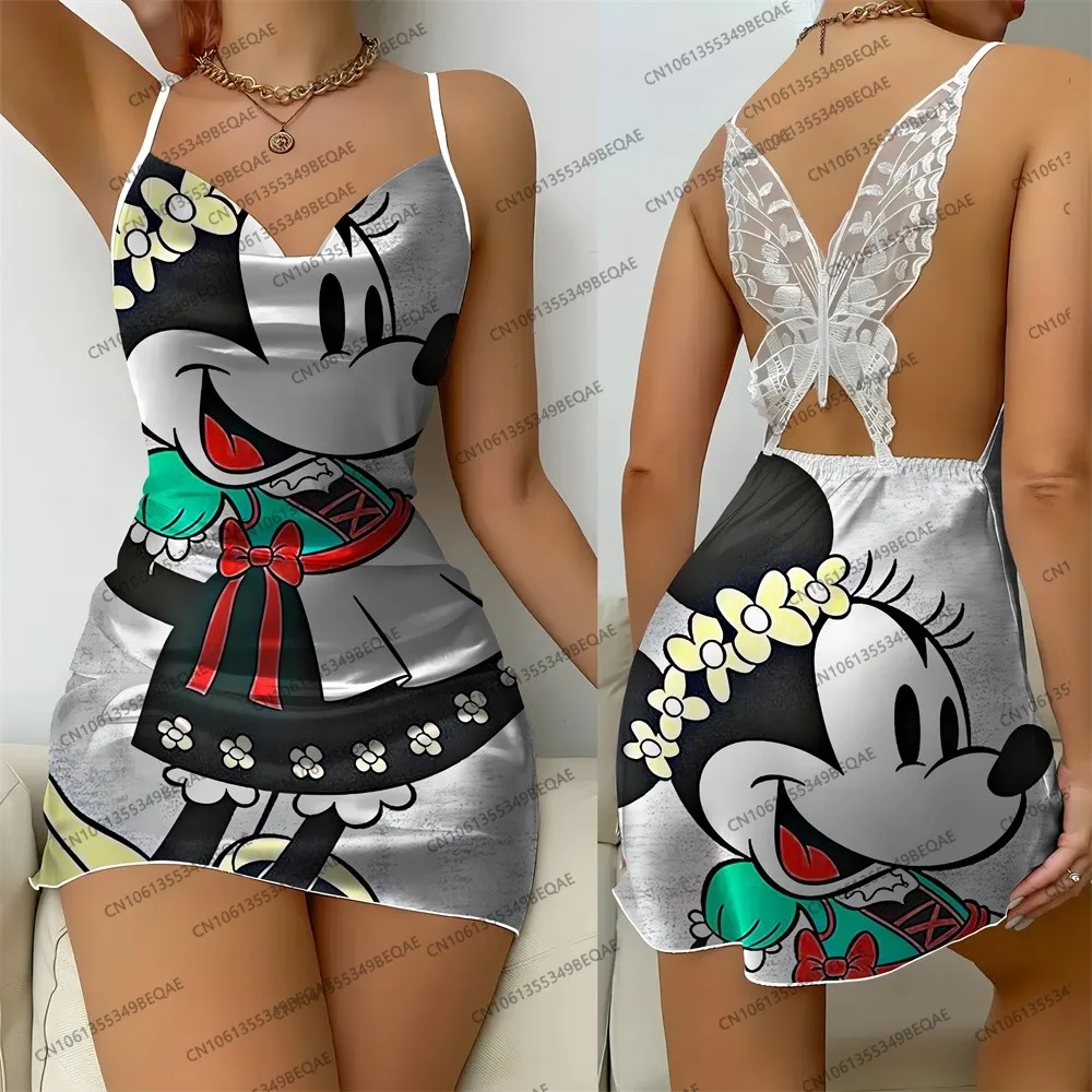 Women's Disney Cartoon Print 2025 Summer Short Skirt Elegant Suspender Sleepwear Sexy Backless Sleeveless Crew Neck Lace Dress
