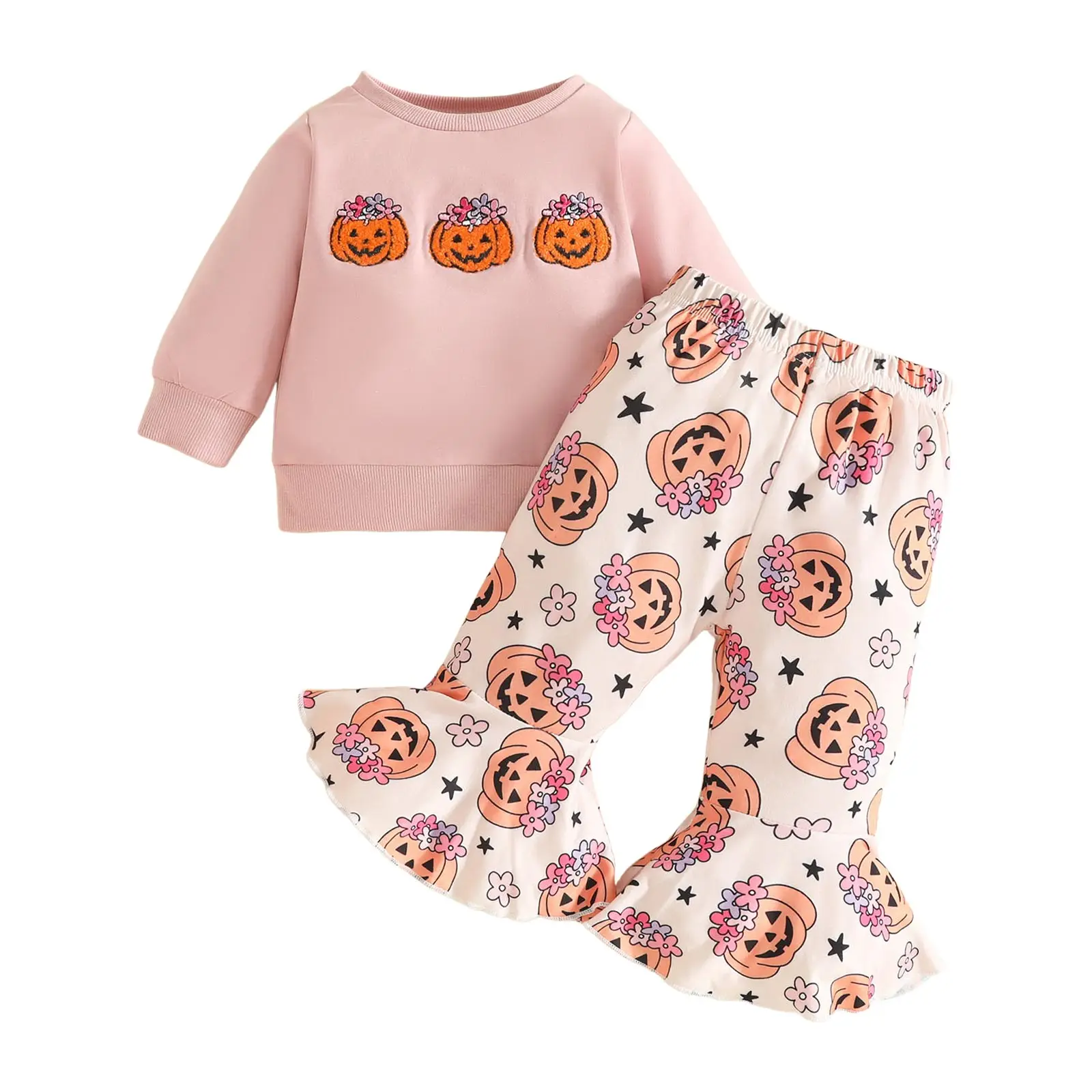 

6-12 Month Girl Clothes Toddler Baby Girl Halloween Clothes 2 Piece Bell Bottom Outfit Long Sleeve Pumpkin Sunflower Gift Set