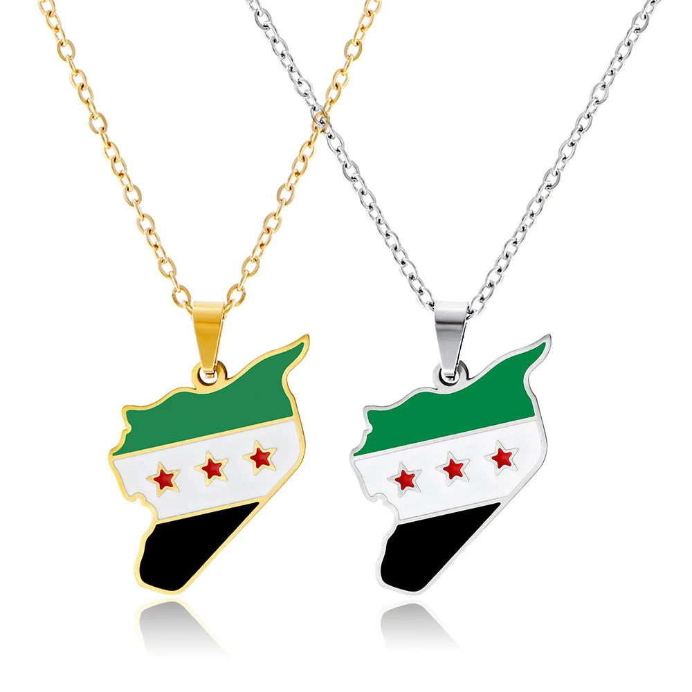 Fashion Free Syrian Army Map Flag Pendant Necklace Stainless Steel Gold/Silver Color Syrians Men Women Maps Jewelry Ethnic Gift