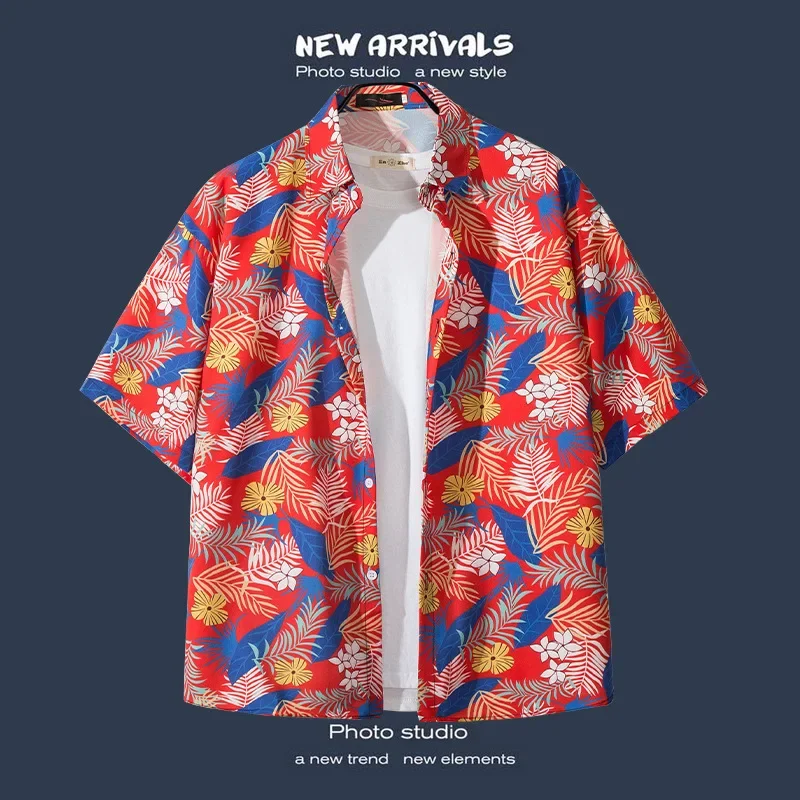 

Handsome Instagram Style Beach Vacation Flower Shirt Men's Short Sleeved Hawaiian Retro Beach Shirt Jacket Versatile and Trendy