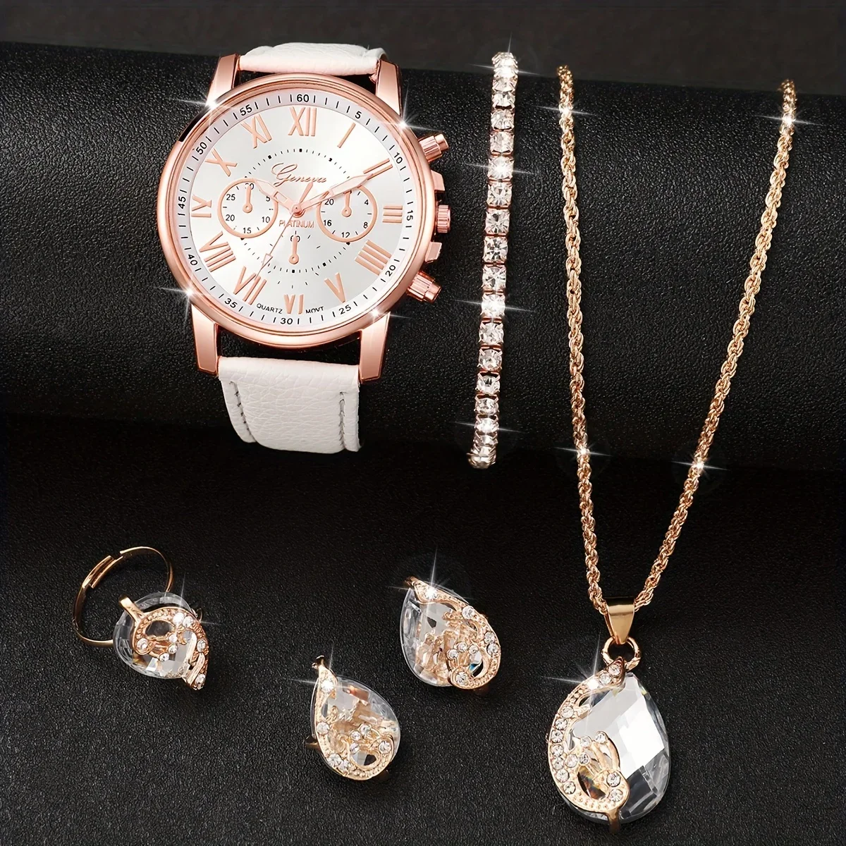 6pcs/set White Round Quartz Watch PU Leather Strap Zinc Alloy Pointer Zinc Alloy Case And Rhinestone